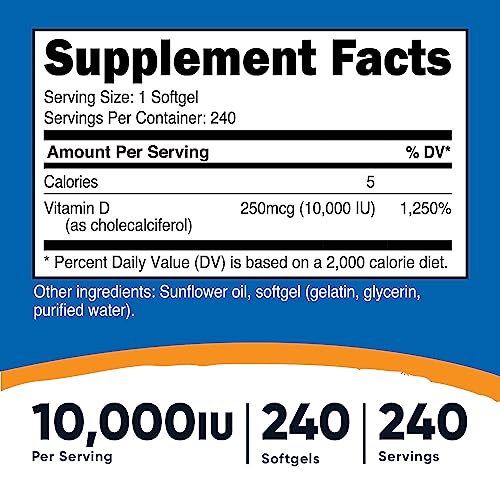 Nutricost Vitamina D3 10.000 UI, 240 cápsulas de gel blando - Potente, sin OGM, sin gluten vitamina D