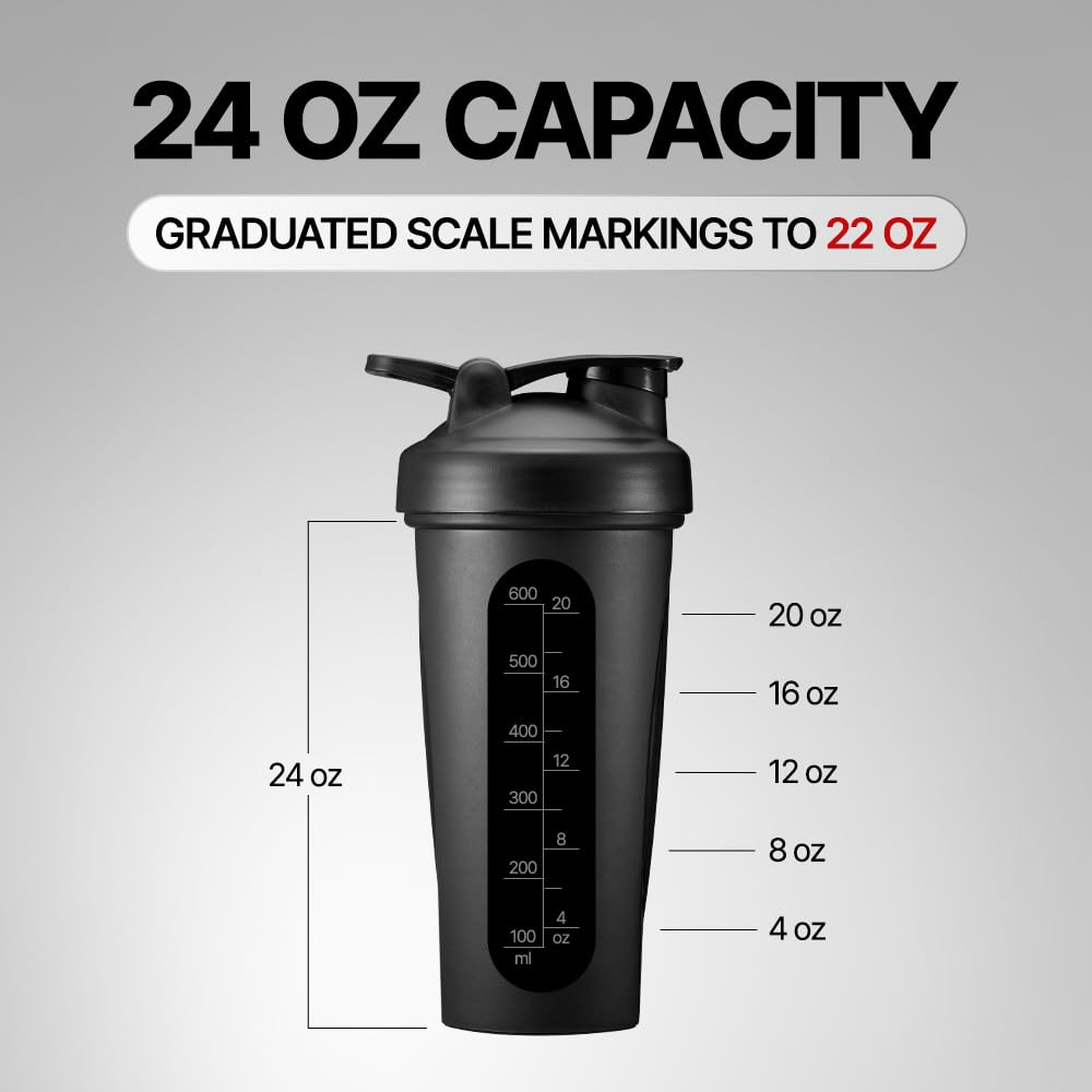 EXTREME Classic Shaker Bottle with Wire Whisk, Perfect for Protein Shakes and Pre Workout, Leak Proof Shaker Cups, BPA Free, Dishwasher SAFE, 24 Ounce, Black