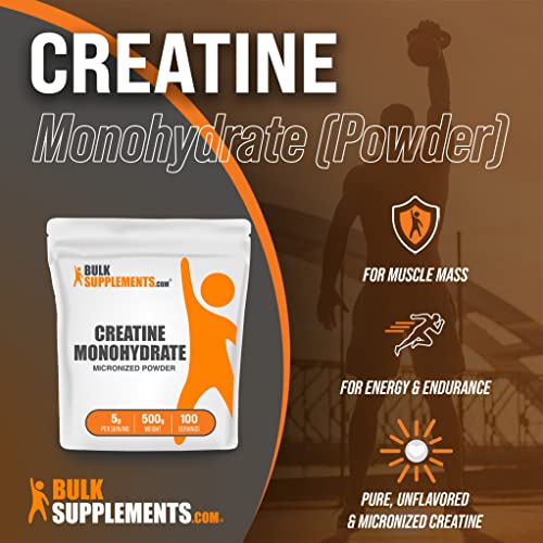 BULKSUPPLEMENTS.COM Monohidrato de creatina en polvo - 5 g (5000 mg) de creatina micronizada en polvo por porción, creatina preentrenamiento, creatina para desarrollar músculo, monohidrato de creatina 500 g (1,1 libras)