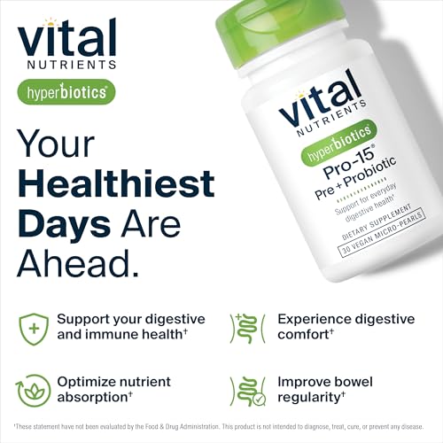 Hyperbiotics Vital Nutrients Pro-15 Pre + Probiotic | 15 Strains| Supports Occasional Constipation, Diarrhea, Gas & Bloating | Immune, Digestive & Gut Health | Shelf-Stable | Vegan | 30 Pearl Tablets