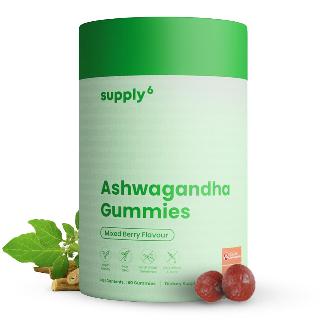 SUPPLY6 KSM-66 Ashwagandha & Vitamin D Gummy - 60 Count - Mixed Berry, KSM-66, Vegan, Plant Based, Non-GMO, Gluten-Free & Gelatin Free, for a Happier You, Pack of 1
