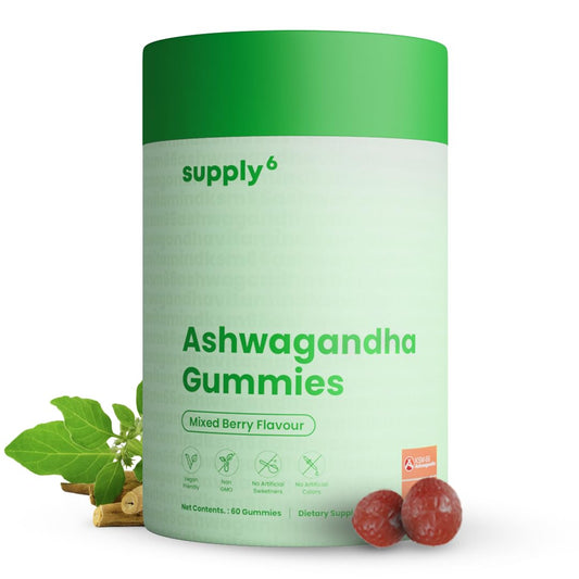 SUPPLY6 KSM-66 Ashwagandha & Vitamin D Gummy - 60 Count - Mixed Berry, KSM-66, Vegan, Plant Based, Non-GMO, Gluten-Free & Gelatin Free, for a Happier You, Pack of 1