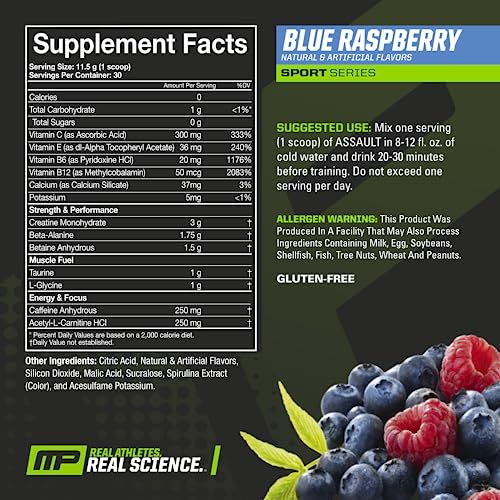 MusclePharm Assault Sport, frambuesa azul - 30 porciones - Pre-entrenamiento con cafeína, acetil-L-carnitina, taurina, L-glicina, monohidrato de creatina, beta-alanina y betaína anhidra