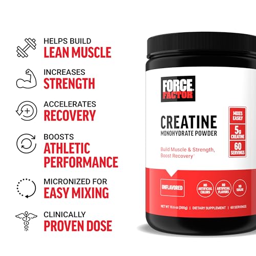 FORCE FACTOR Creatine Monohydrate, Creatine Powder for Muscle Gain, More Strength, and Faster Workout Recovery, Clinically Studied Micronized Creatine 5g Dose Per Serving, Unflavored, 60 Servings