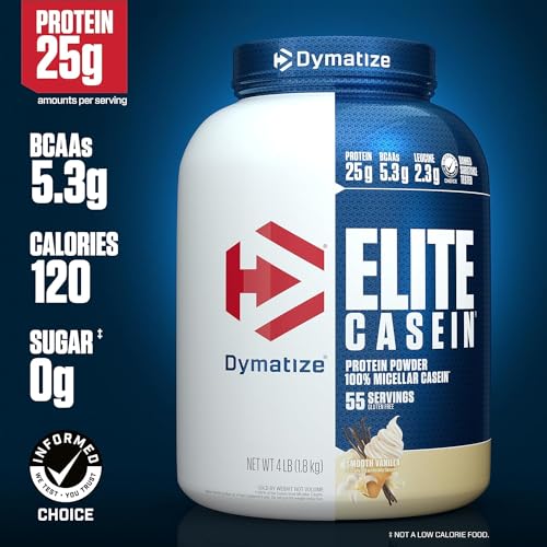 Dymatize Elite Casein Protein Powder, Slow Absorbing with Muscle Building Amino Acids, 100% Micellar Casein, 25g Protein, 5.4g BCAAs & 2.3g Leucine, Helps Overnight Recovery, Cookies & Cream, 4 Pound