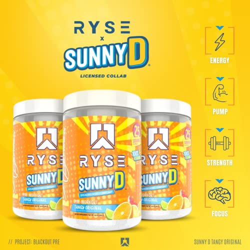 Ryse Project Blackout Pre Workout | Pump, Energy, Strength | Caffeine, Vitacholine, Nitrates, and Theobromine | 25 Servings (Sunny D Tangy Original)