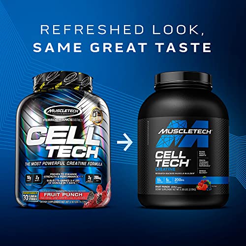 Monohidrato de creatina en polvo MuscleTech Cell-Tech Creatina Bebida de recuperación post-entrenamiento Constructor muscular para hombres y mujeres Suplementos de desarrollo muscular Ponche de frutas, 3 libras (27 porciones)