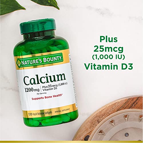 Nature's Bounty Carbonato de calcio y vitamina D, apoya la salud inmune y la salud ósea, 1200 mg de calcio y 1000 UI de vitamina D3, 120 cápsulas blandas