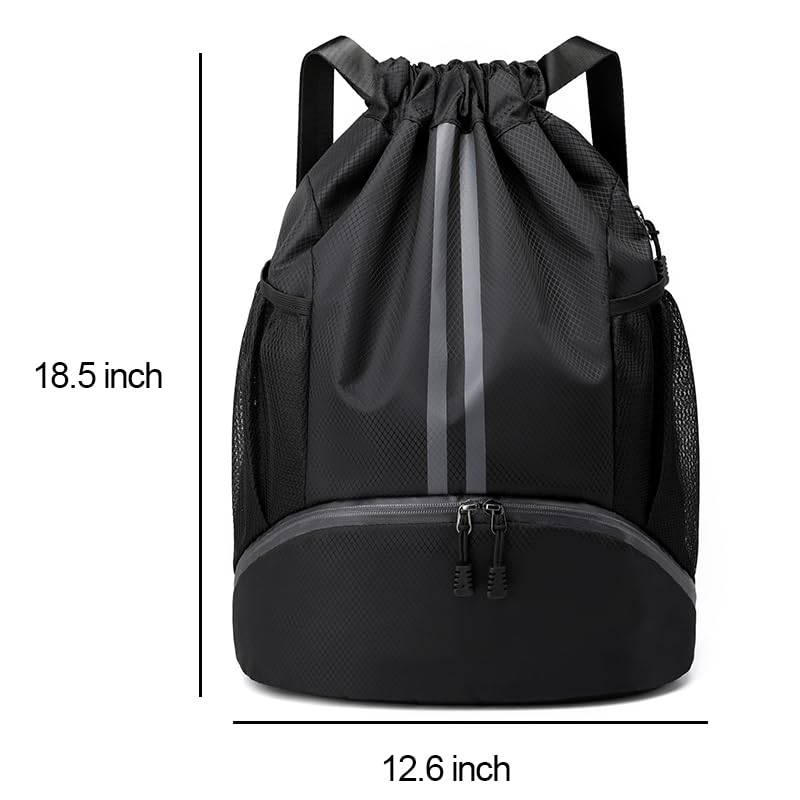 LOKAPEGY Black Drawstring Gym Bag for Men, Waterproof Drawstring Backpack for Women, Swim Bag with Shoes Compartment, Pull String Sport Bag for Soccer and Basketball.