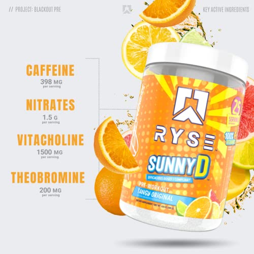 Ryse Project Blackout Pre Workout | Pump, Energy, Strength | Caffeine, Vitacholine, Nitrates, and Theobromine | 25 Servings (Sunny D Tangy Original)