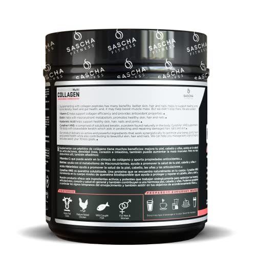 SASCHA FITNESS Péptidos de colágeno múltiple hidrolizados tipos 1,2 y 3 |Ácido hialurónico|Biotina |Cinatina HSN|Vitamina C y E |para soporte de cabello, piel y huesos|Limonada de fresa