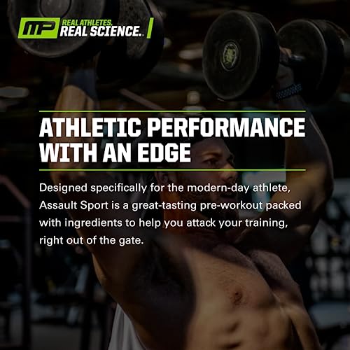 MusclePharm Assault Sport, frambuesa azul - 30 porciones - Pre-entrenamiento con cafeína, acetil-L-carnitina, taurina, L-glicina, monohidrato de creatina, beta-alanina y betaína anhidra