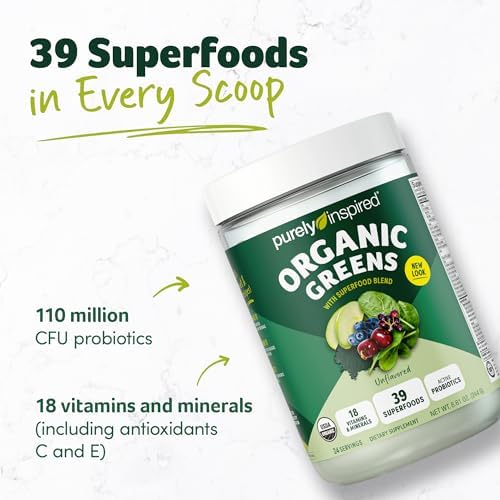 Purely Inspired Organic Green Powder Smoothie Mix, Unflavored (24 Servings) - Probiotics for Digestive Health with Spirulina & Chlorella for Gut Health - Vegan & Gluten-Free