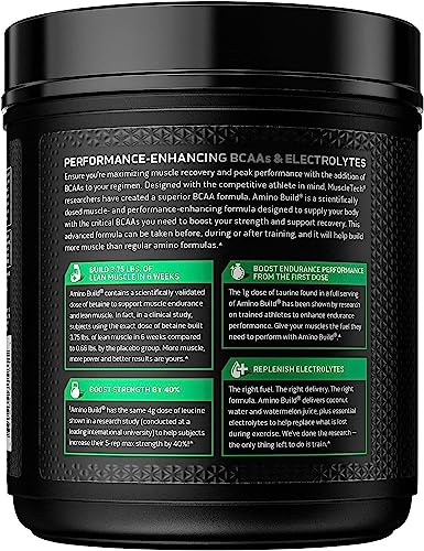 Aminoácidos BCAA + polvo de electrolitos MuscleTech Amino construye 7 g de BCAA + electrolitos que apoyan la recuperación muscular, desarrollan músculo magro y aumentan la resistencia Sandía fresa (40 porciones)