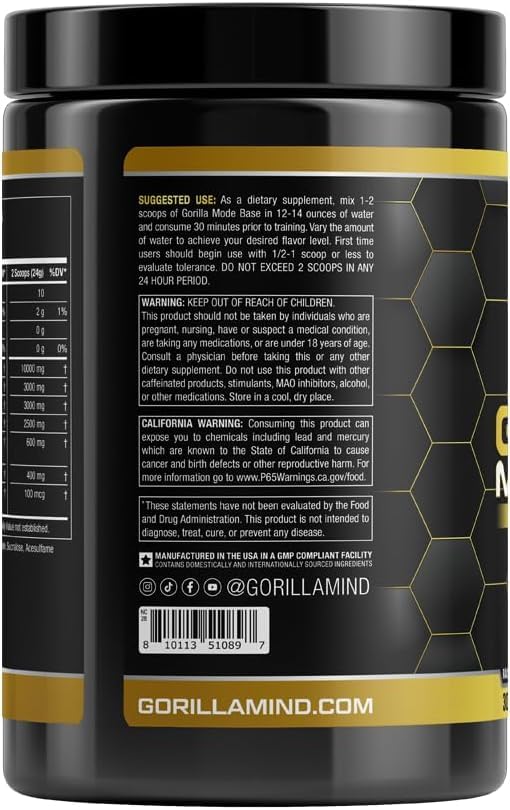 Gorilla Mode Base Pre Workout - Raises Nitric Oxide · Intense Focus & Drive · Endurance · Power - L-Citrulline, L-Tyrosine, Betaine, Alpha-GPC, Caffeine, Huperzine A - 360 Grams (Bombsicle)