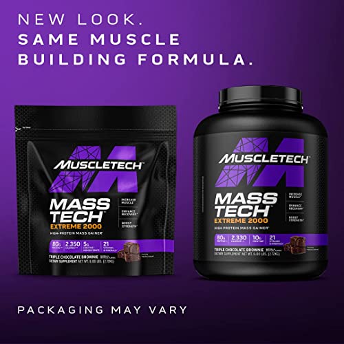 MuscleTech Mass Gainer Mass-Tech Extreme 2000, Muscle Builder Whey Protein Powder, Protein + Creatine + Carbs, Max-Protein Weight Gainer for Women & Men, Vanilla Milkshake, 6lbs (Packaging May Vary)
