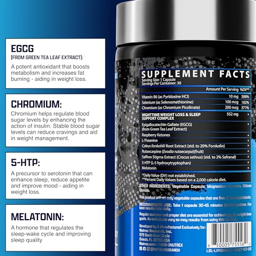 Nutrex Lipo 6 Nighttime Fat Burner | Melatonin Sleep Aid & Weight Loss Diet Pills for Men and Women | Night Time Metabolism Booster Appetite Suppressant | 30 Servings (1)