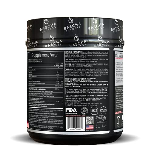 SASCHA FITNESS Péptidos de colágeno múltiple hidrolizados tipos 1,2 y 3 |Ácido hialurónico|Biotina |Cinatina HSN|Vitamina C y E |para soporte de cabello, piel y huesos|Limonada de fresa