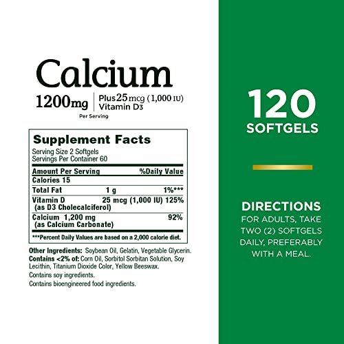Nature's Bounty Carbonato de calcio y vitamina D, apoya la salud inmune y la salud ósea, 1200 mg de calcio y 1000 UI de vitamina D3, 120 cápsulas blandas