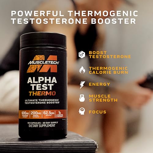 MuscleTech AlphaTest Thermo Thermogenic Testosterone Booster| Muscle Strength Builder for Men | Workout Supplement | 90 Capsules | 30 Servings