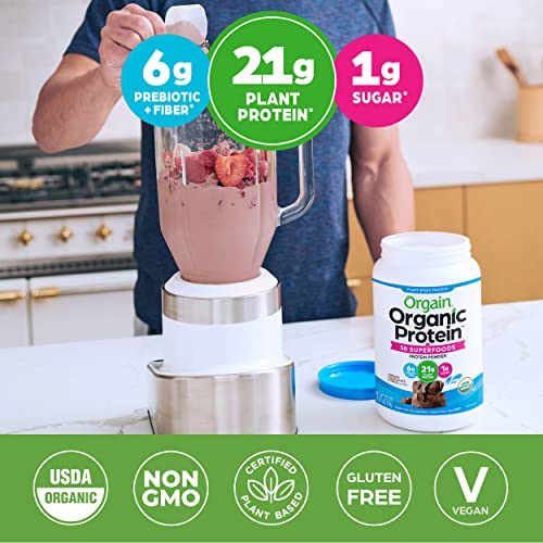 Orgain Proteína vegana orgánica en polvo + 50 superalimentos, dulce de chocolate cremoso - 21 g de proteína a base de plantas, sin gluten, sin lácteos, sin lactosa, sin soja, sin azúcar añadido, kosher, vitaminas B - 2,02 lb