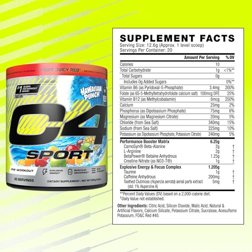 Cellucor C4 Sport Pre Workout Powder - NSF Certified for Sport - Elite Hydration - 200mg Caffeine + Creatine + Beta-Alanine - Electrolytes and Energy Supplement - Hawaiian Punch, 20 Servings