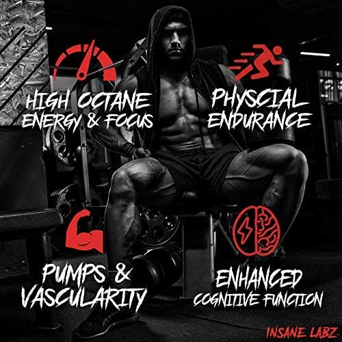 Insane Labz Psychotic Black Edition polvo estimulante medio preentrenamiento, bombas de enfoque energético, cargado con creatina beta alanina taurina impulsada por AMPiberry, 35 porciones uva