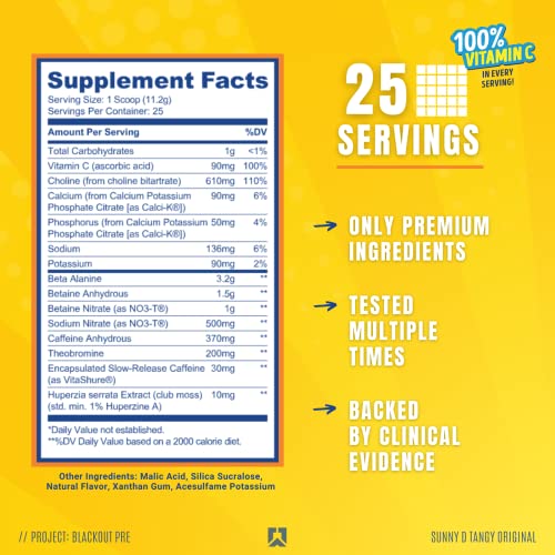 Ryse Project Blackout Pre Workout | Pump, Energy, Strength | Caffeine, Vitacholine, Nitrates, and Theobromine | 25 Servings (Sunny D Tangy Original)