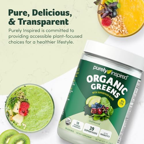 Purely Inspired Organic Green Powder Smoothie Mix, Unflavored (24 Servings) - Probiotics for Digestive Health with Spirulina & Chlorella for Gut Health - Vegan & Gluten-Free