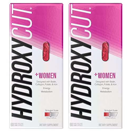 Hydroxycut + Pastillas para mujeres con biotina y colágeno | Cabello, Uñas y Vitaminas para la Piel | Suplemento de hierro | Pastillas energéticas, 60 unidades (paquete de 2)