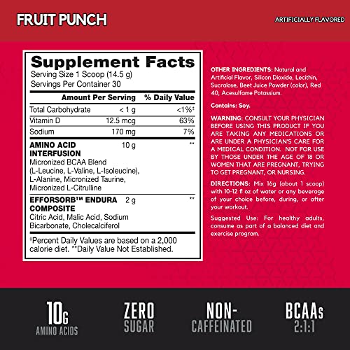 BSN Amino X Muscle Recovery & Endurance Powder with BCAAs, 10 Grams of Amino Acids, Keto Friendly, Caffeine Free, Flavor: Fruit Punch, 30 servings (Packaging may vary)