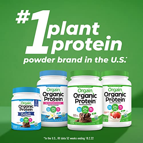 Orgain Proteína vegana orgánica en polvo + 50 superalimentos, dulce de chocolate cremoso - 21 g de proteína a base de plantas, sin gluten, sin lácteos, sin lactosa, sin soja, sin azúcar añadido, kosher, vitaminas B - 2,02 lb