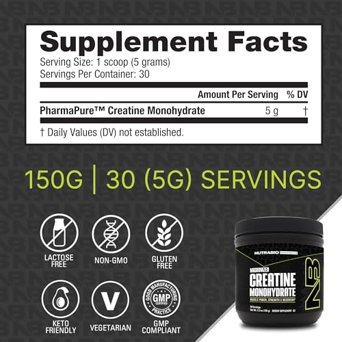 NutraBio Creatine Monohydrate Supplement, Unflavored, (150 g) - Supports Muscle Energy, Recovery, and Strength - HPLC Tested Pure Grade Creatine Supplement