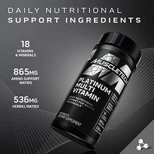 Multivitamínico para hombres | Multivitamina Platinum MuscleTech | Vitamina C para apoyo inmunológico | 18 vitaminas y minerales | Vitaminas ACDE B6 B12 | Suplementos diarios de entrenamiento | Multivitaminas para hombre, 90 unidades