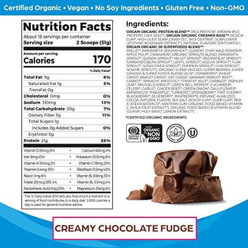 Orgain Proteína vegana orgánica en polvo + 50 superalimentos, dulce de chocolate cremoso - 21 g de proteína a base de plantas, sin gluten, sin lácteos, sin lactosa, sin soja, sin azúcar añadido, kosher, vitaminas B - 2,02 lb
