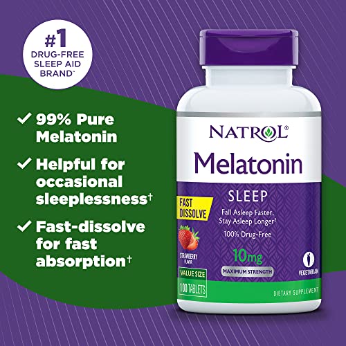 Natrol Melatonina Tabletas de disolución rápida, le ayuda a conciliar el sueño más rápido, permanecer dormido por más tiempo, fácil de tomar, disolver en la boca, fortalecer el sistema inmunológico, máxima fuerza, sabor a fresa, 10 mg, 100 unidades