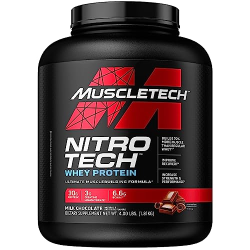 Proteína de suero en polvo | Aislado y péptidos de proteína de suero MuscleTech Nitro-Tech | Chocolate con leche, 4 libras (paquete de 1), 40 porciones