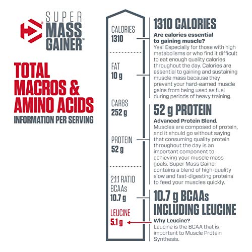 Dymatize Super Mass Gainer Protein Powder, 1280 Calories & 52g Protein, Gain Strength & Size Quickly, 10.7g BCAAs, Mixes Easily, Tastes Delicious, Gourmet Vanilla, 6 Pound (Pack of 1)