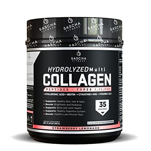 SASCHA FITNESS Péptidos de colágeno múltiple hidrolizados tipos 1,2 y 3 |Ácido hialurónico|Biotina |Cinatina HSN|Vitamina C y E |para soporte de cabello, piel y huesos|Limonada de fresa