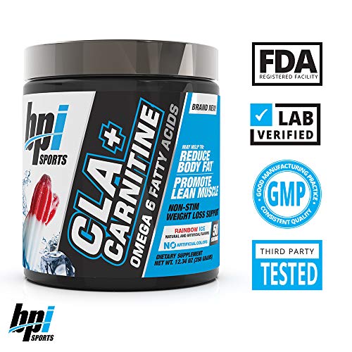 BPI Sports CLA + Carnitina – Ácido linoleico conjugado – Rendimiento, músculo magro – Sin cafeína – Para hombres y mujeres – Rainbow Ice – 50 porciones – 12.34 Oz.
