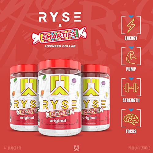 Suplemento en polvo preentrenamiento Ryse Loaded para hombres y mujeres | Bombas, Energía, Atención | Beta Alanina + Citrulina | 390 mg de cafeína | 30 porciones (Smarties Original)