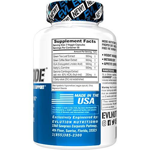 Píldoras de apoyo para pérdida de peso EVL - Soporte multiusos premium para metabolismo del apetito y pérdida de grasa para hombres y mujeres - LeanMode con extracto de grano de café verde CLA y Garcinia Cambogia - 50 porciones
