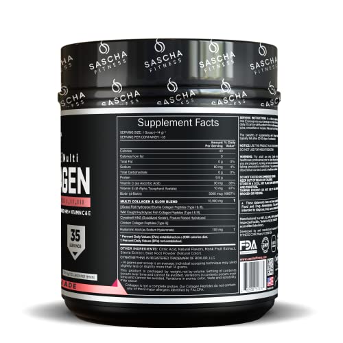 SASCHA FITNESS Péptidos de colágeno múltiple hidrolizados tipos 1,2 y 3 |Ácido hialurónico|Biotina |Cinatina HSN|Vitamina C y E |para soporte de cabello, piel y huesos|Limonada de fresa