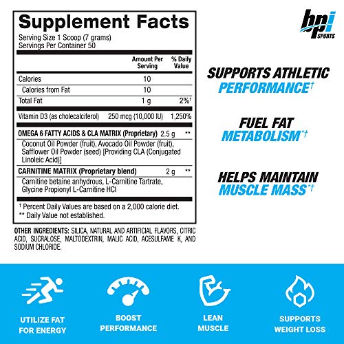 BPI Sports CLA + Carnitina – Ácido linoleico conjugado – Rendimiento, músculo magro – Sin cafeína – Para hombres y mujeres – Rainbow Ice – 50 porciones – 12.34 Oz.