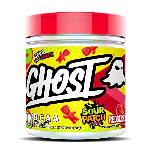 Aminoácidos GHOST BCAA, Sour Patch Kids Redberry - 30 porciones - Bebida de recuperación y polvo intra y post-entrenamiento sin azúcar, 7 g de BCAA apoya el crecimiento y la resistencia muscular - Sin soja ni gluten, vegano