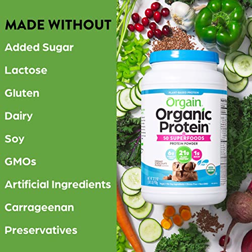 Orgain Proteína vegana orgánica en polvo + 50 superalimentos, dulce de chocolate cremoso - 21 g de proteína a base de plantas, sin gluten, sin lácteos, sin lactosa, sin soja, sin azúcar añadido, kosher, vitaminas B - 2,02 lb