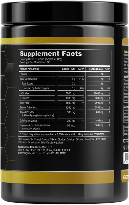 Gorilla Mode Base Pre Workout - Raises Nitric Oxide · Intense Focus & Drive · Endurance · Power - L-Citrulline, L-Tyrosine, Betaine, Alpha-GPC, Caffeine, Huperzine A - 360 Grams (Bombsicle)