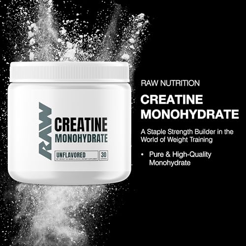 RAW Nutrition Creatine Monohydrate Powder, Unflavored (30 Servings) - Micronized Creatine Monohydrate Supplement for Workout Performance, Build Muscle & Strength - Creatine Powder for Men & Women