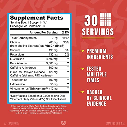 Suplemento en polvo preentrenamiento Ryse Loaded para hombres y mujeres | Bombas, Energía, Atención | Beta Alanina + Citrulina | 390 mg de cafeína | 30 porciones (Smarties Original)