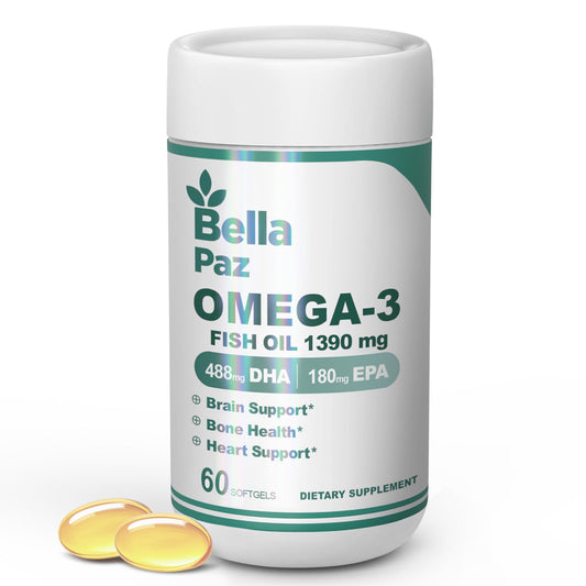 BELLAPAZ Omega 3 FishOil Supplements - 788 mg Omega-3 Fatty Acid Burpless, 488 DHA & 180 EPA for Muscle Bone Heart Brain Support and Health, Supplements for Fitness Sport Men and Women, 60 Softgels